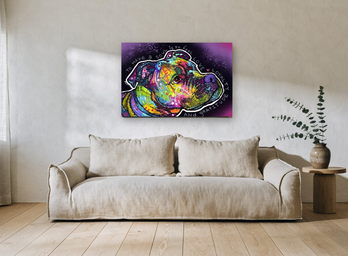 Rainbow Soul Pit Bull animal canvas print on the wall of a living room
