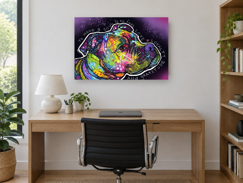 Rainbow Soul Pit Bull animal canvas print on the wall of a study