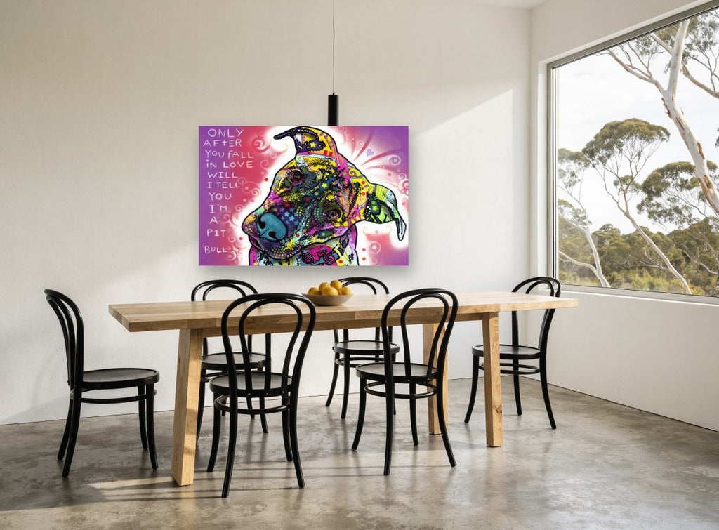 Pit Bull Love Confession animal canvas print on the wall of a dining room