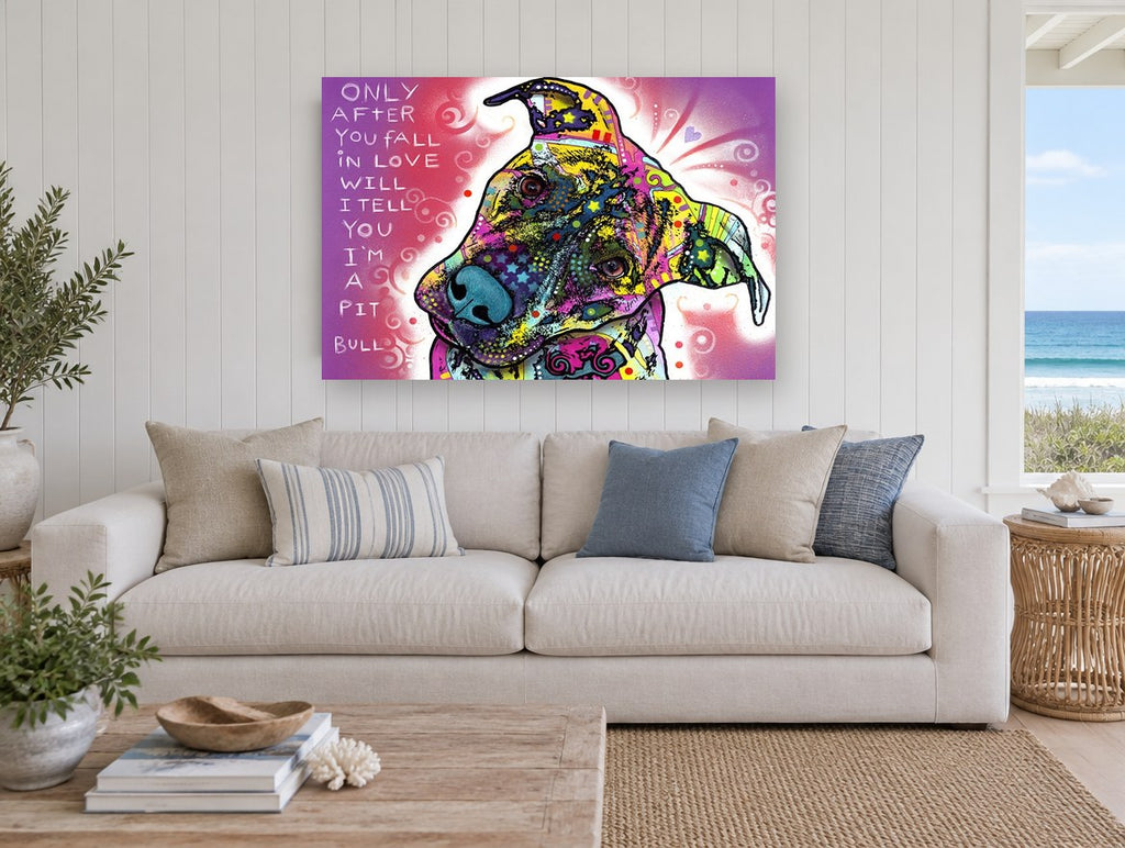 Pit Bull Love Confession animal canvas print on the wall of a beach house living room