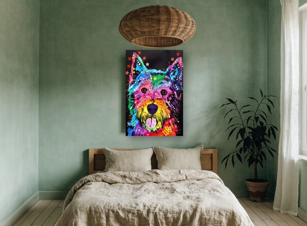 Rainbow Westie Party animal canvas print on the wall of a bedroom