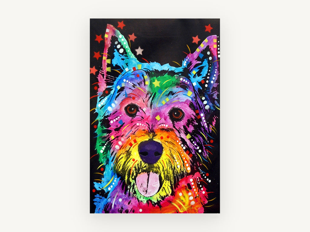 Rainbow Westie Party, colourful west highland terrier pop art, animal canvas wall art print, front view