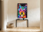 Rainbow Westie Party animal canvas print on the wall of a hallway