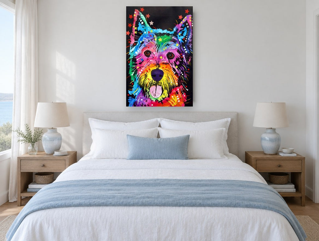 Rainbow Westie Party animal canvas print on the wall of a bedroom