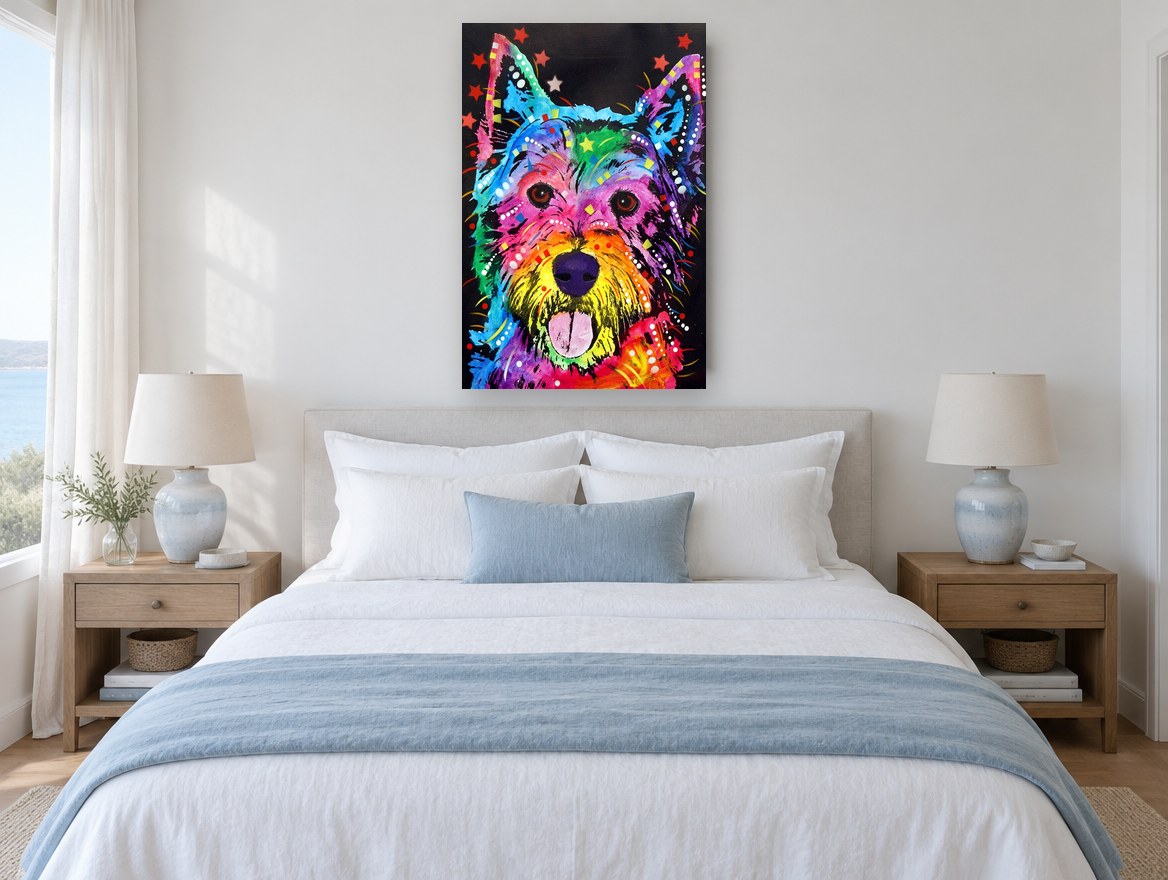 Rainbow Westie Party animal canvas print on the wall of a bedroom