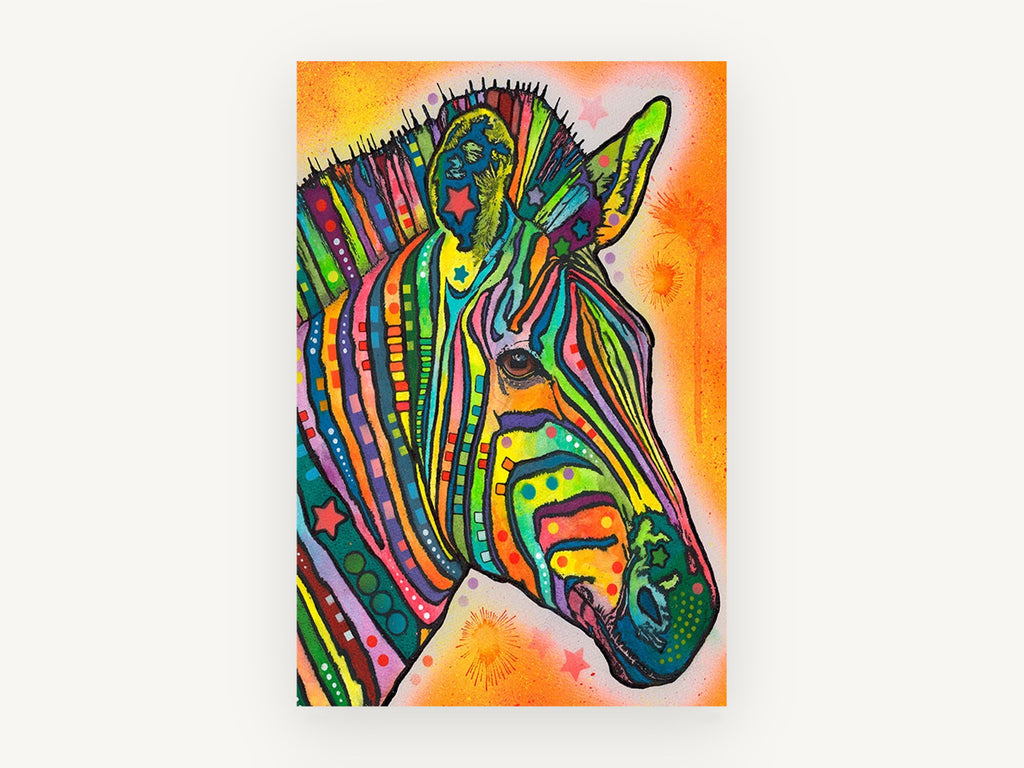 Rainbow Zebra Profile, colourful pop art zebra illustration, animal canvas wall art print, front view