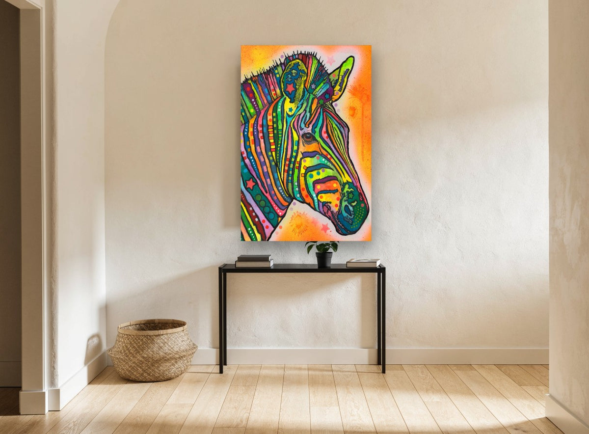 Rainbow Zebra Profile animal canvas print on the wall of a hallway