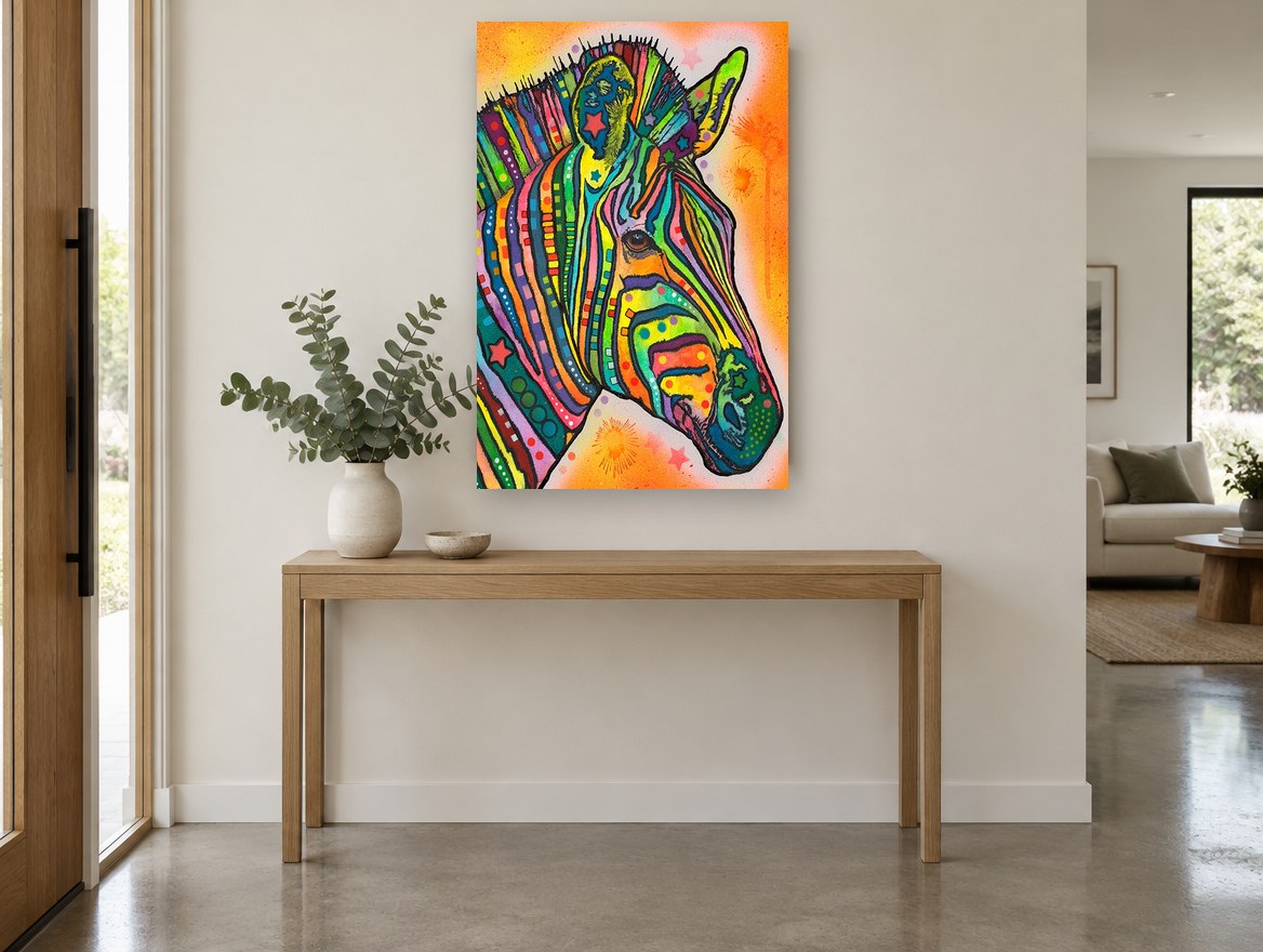 Rainbow Zebra Profile animal canvas print on the wall of a entry hall