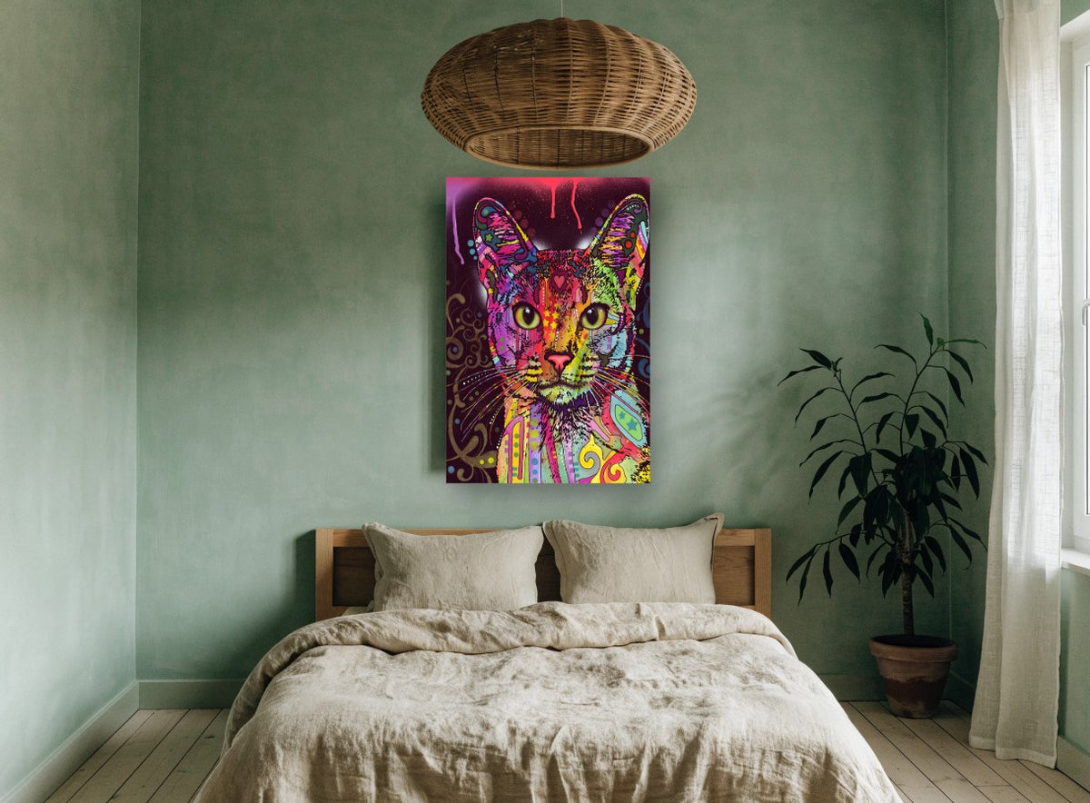 Neon Patchwork Cat animal canvas print on the wall of a bedroom