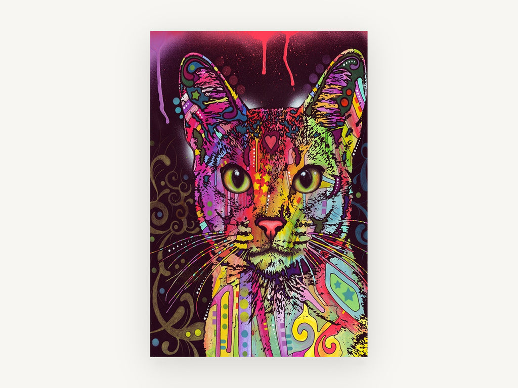 Neon Patchwork Cat, colourful pop art cat portrait, animal canvas wall art print, front view