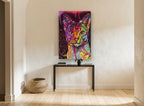 Neon Patchwork Cat animal canvas print on the wall of a hallway