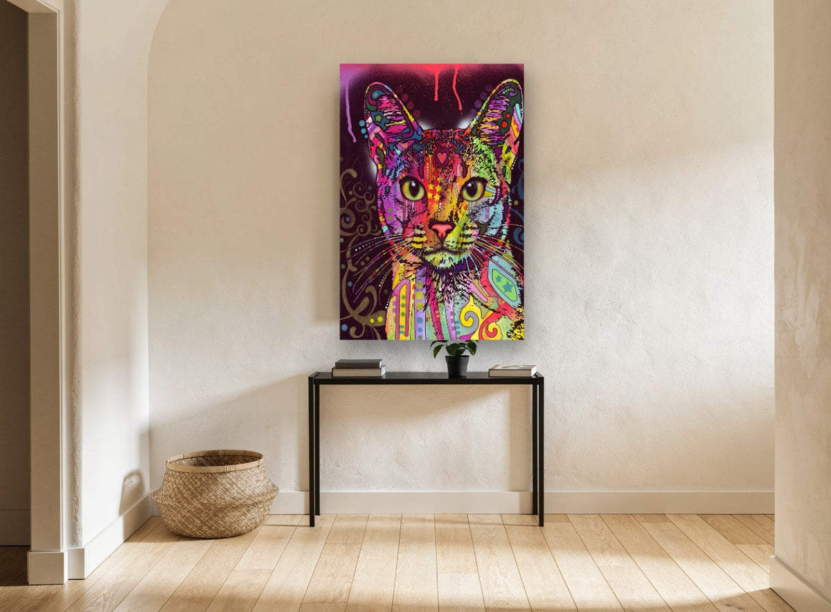Neon Patchwork Cat animal canvas print on the wall of a hallway