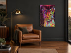 Neon Patchwork Cat animal canvas print on the wall of a charcoal living room