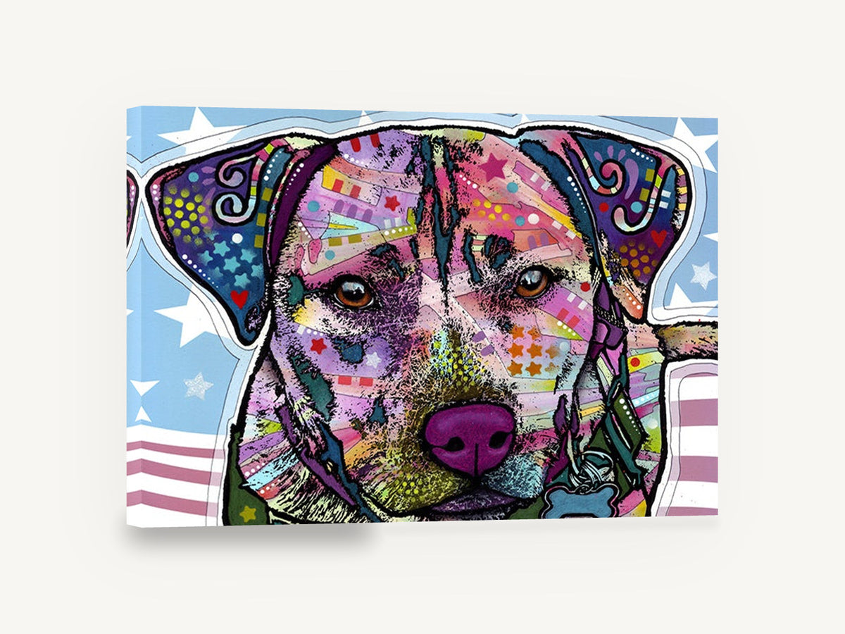 Starry Flag Pup, pop art dog portrait illustration, animal canvas wall art print ready to hang