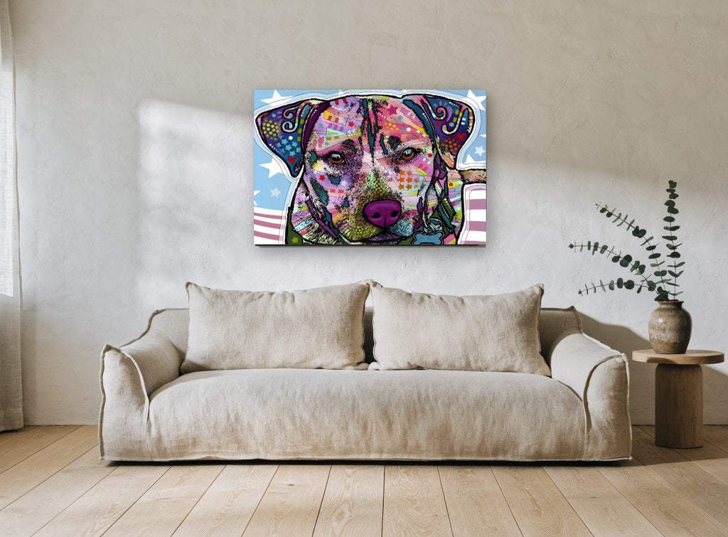 Starry Flag Pup animal canvas print on the wall of a living room