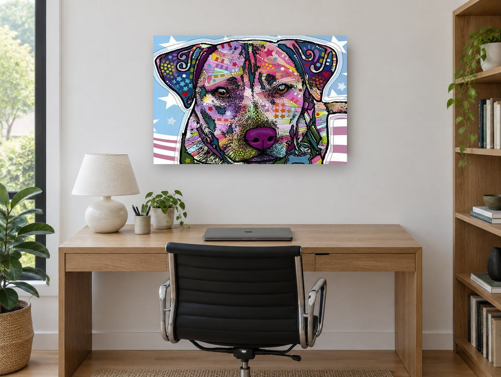 Starry Flag Pup animal canvas print on the wall of a study