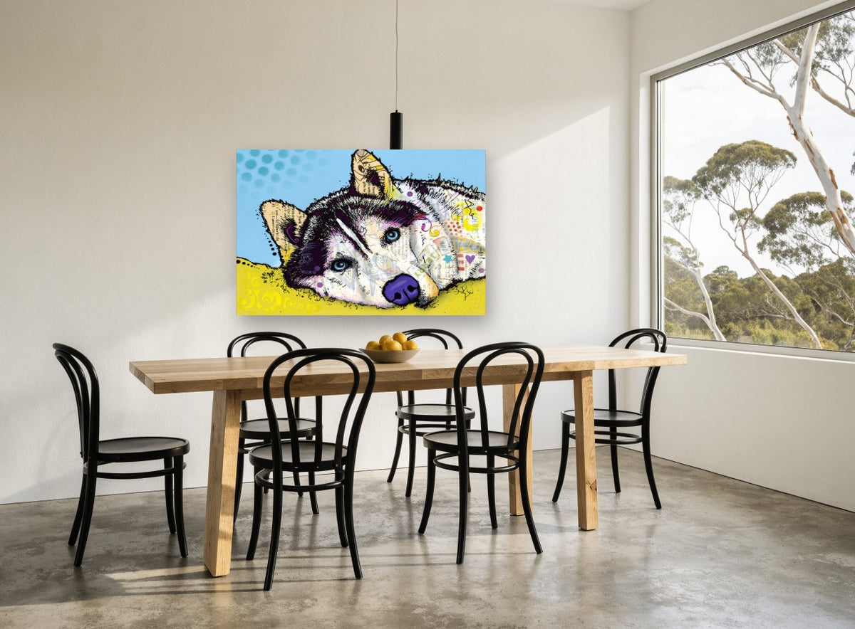Resting Husky Collage animal canvas print on the wall of a dining room