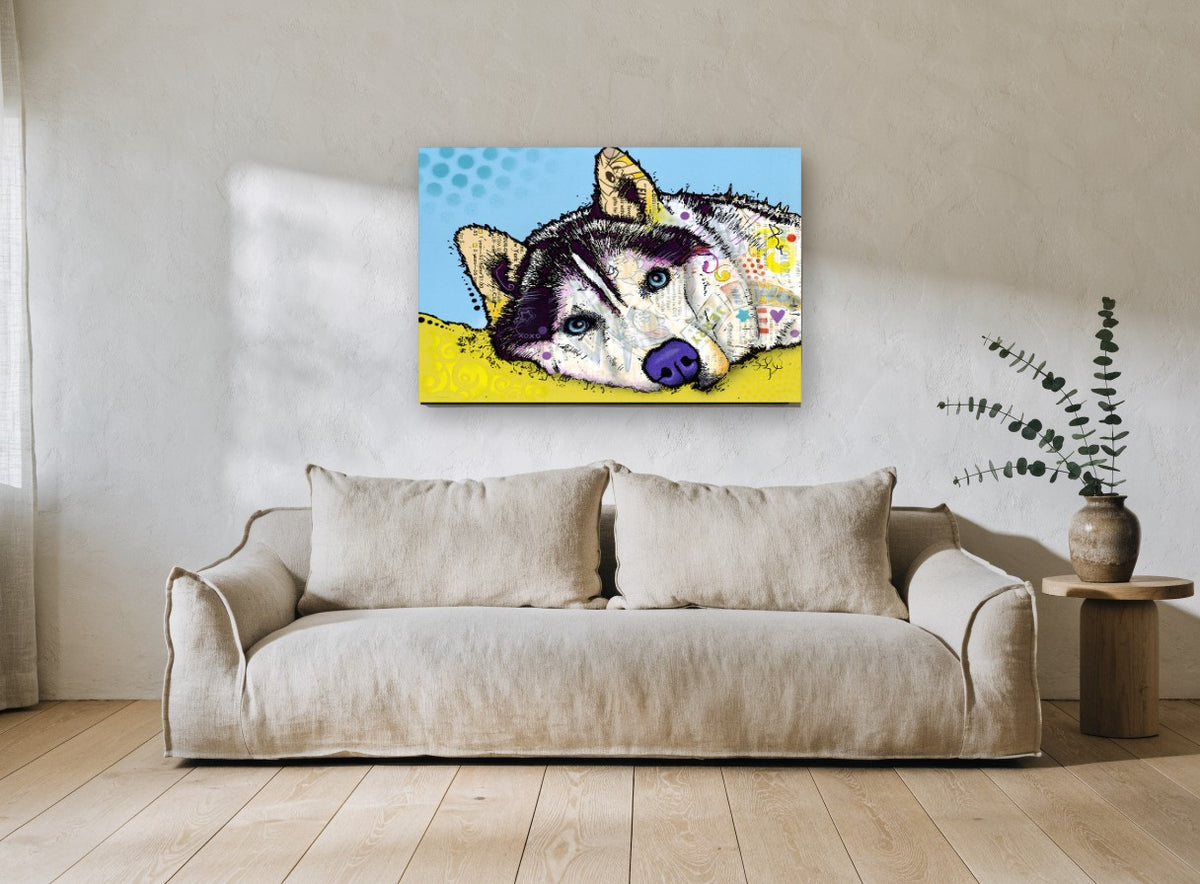 Resting Husky Collage animal canvas print on the wall of a living room
