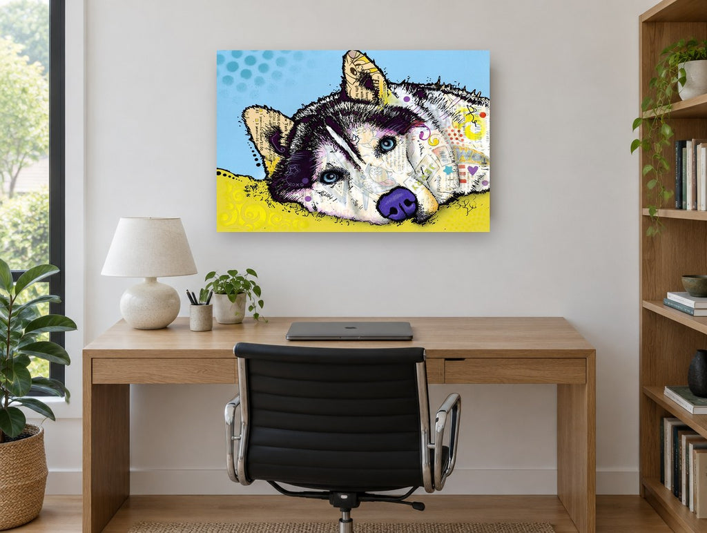Resting Husky Collage animal canvas print on the wall of a study
