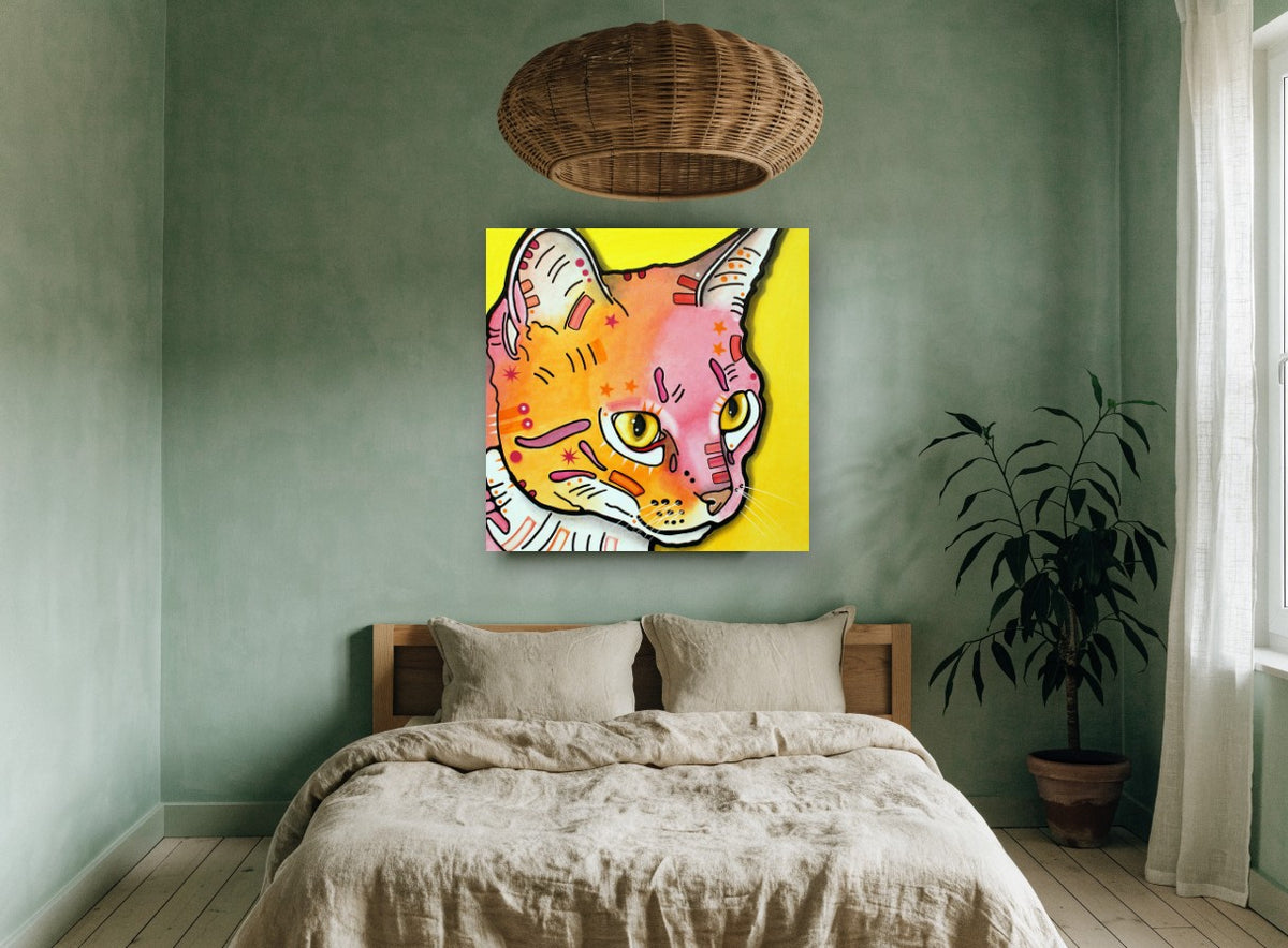 Sunset Pop Kitten animal canvas print on the wall of a bedroom
