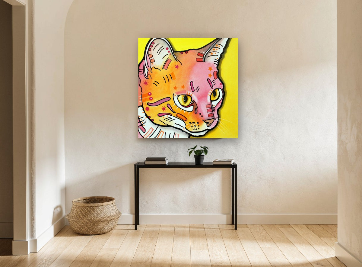 Sunset Pop Kitten animal canvas print on the wall of a hallway