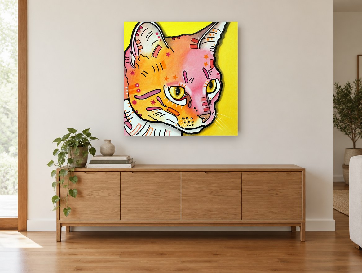 Sunset Pop Kitten animal canvas print on the wall of a living room above a sideboard