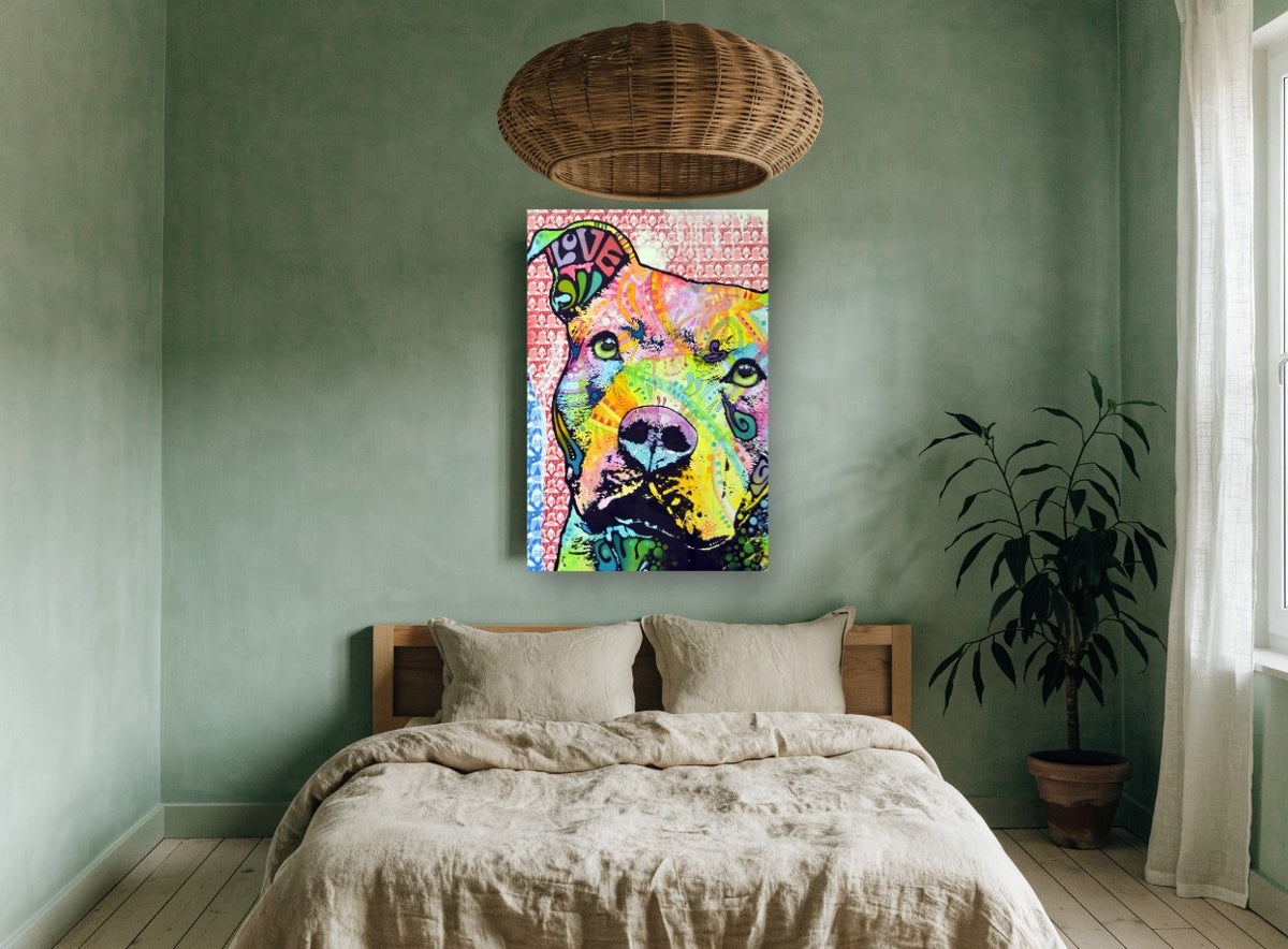 Love Pit Bull Pop animal canvas print on the wall of a bedroom