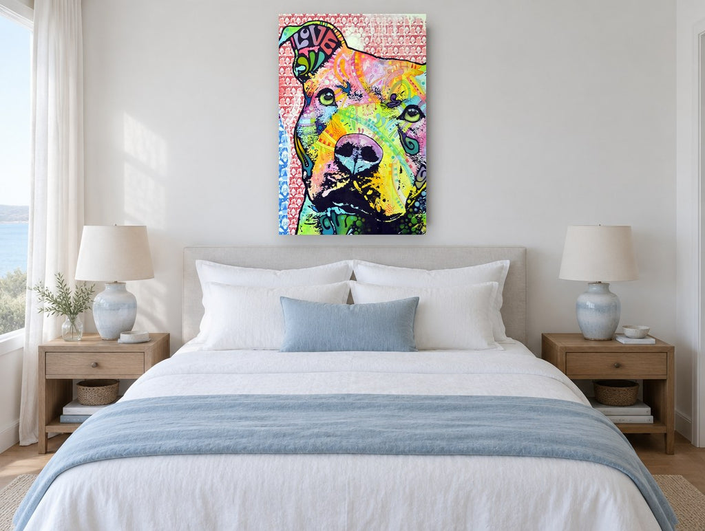 Love Pit Bull Pop animal canvas print on the wall of a bedroom