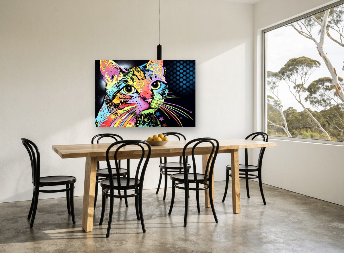 Neon Pop Tabby animal canvas print on the wall of a dining room