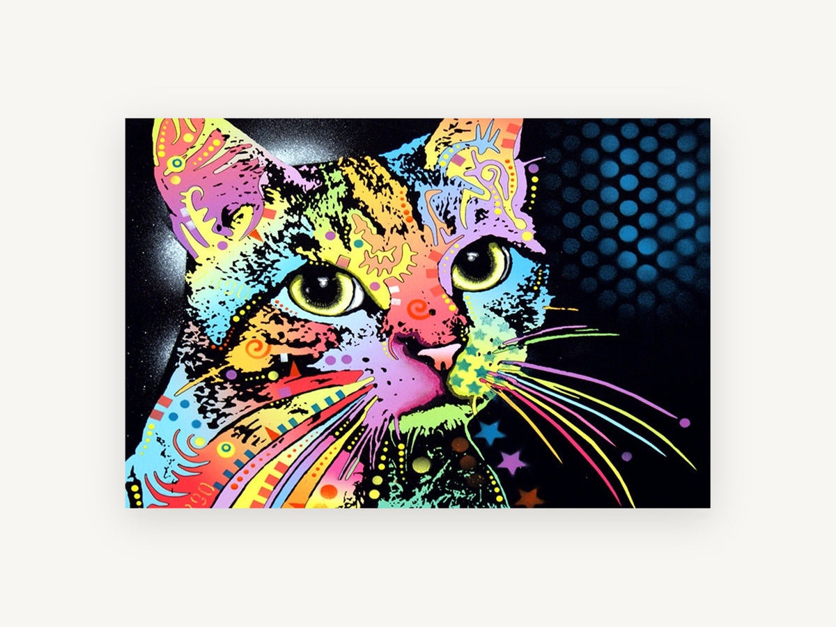 Neon Pop Tabby, colourful pop art cat illustration, animal canvas wall art print, front view