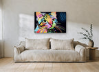 Neon Pop Tabby animal canvas print on the wall of a living room