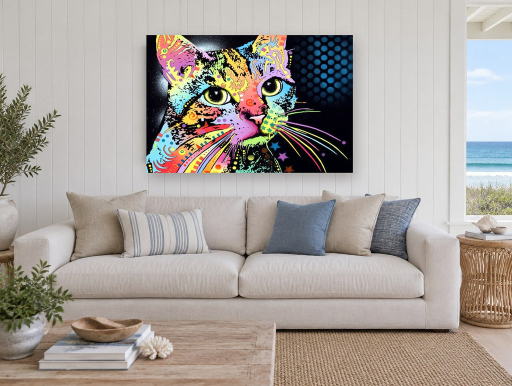 Neon Pop Tabby animal canvas print on the wall of a beach house living room