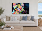 Neon Pop Tabby animal canvas print on the wall of a beach house living room