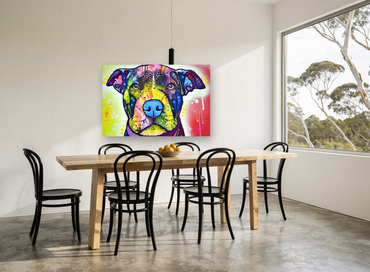 Rainbow Pit Bull Portrait animal canvas print on the wall of a dining room
