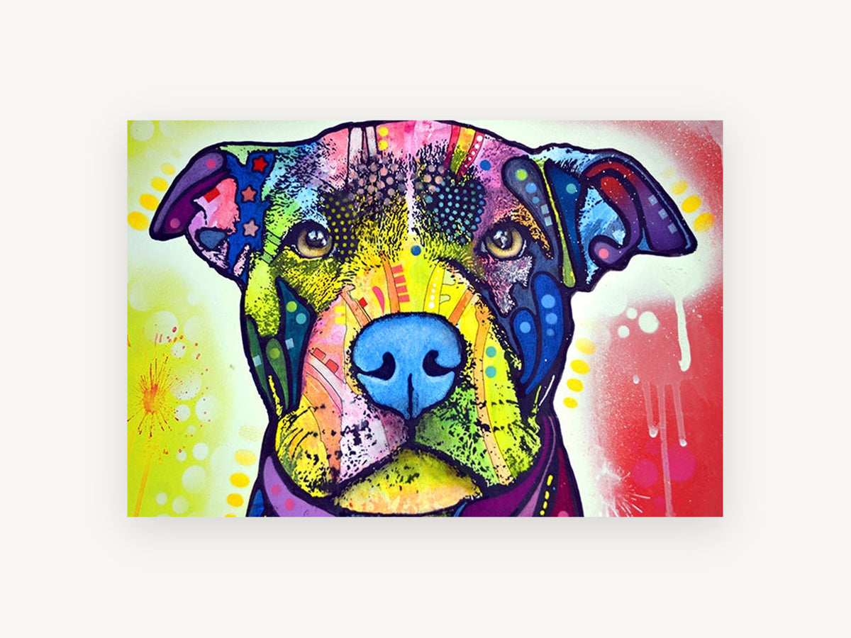 Rainbow Pit Bull Portrait, colourful pit bull pop art portrait, animal canvas wall art print, front view