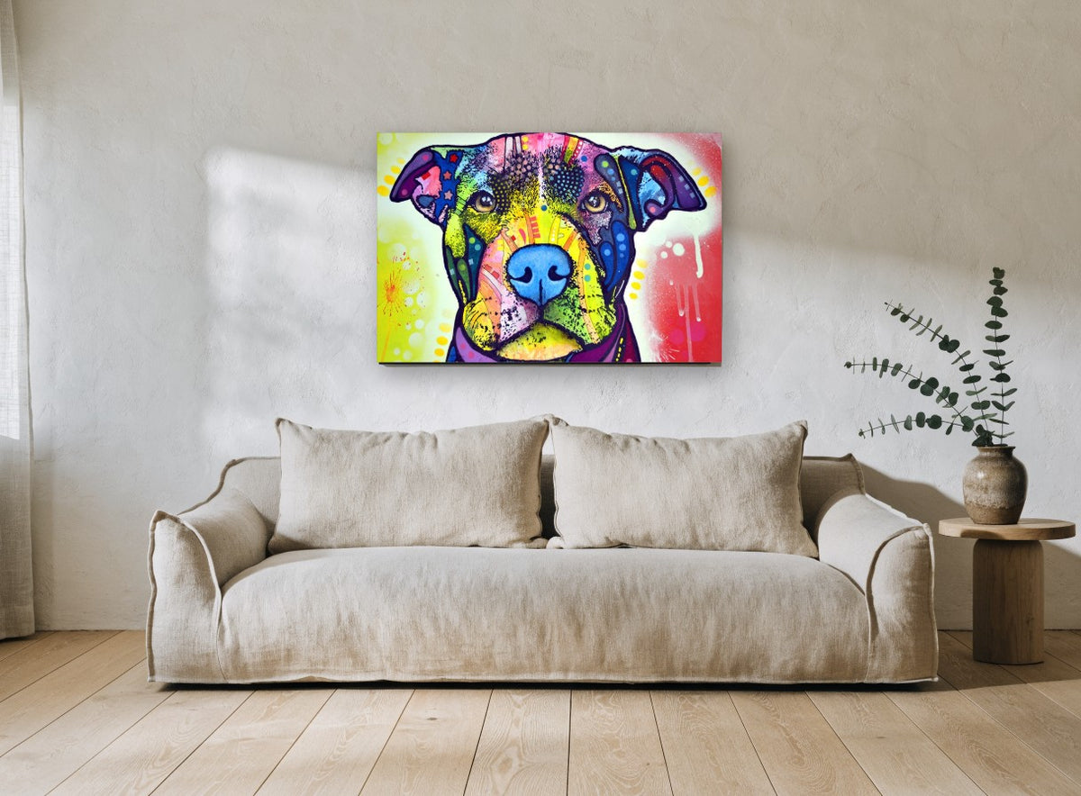 Rainbow Pit Bull Portrait animal canvas print on the wall of a living room