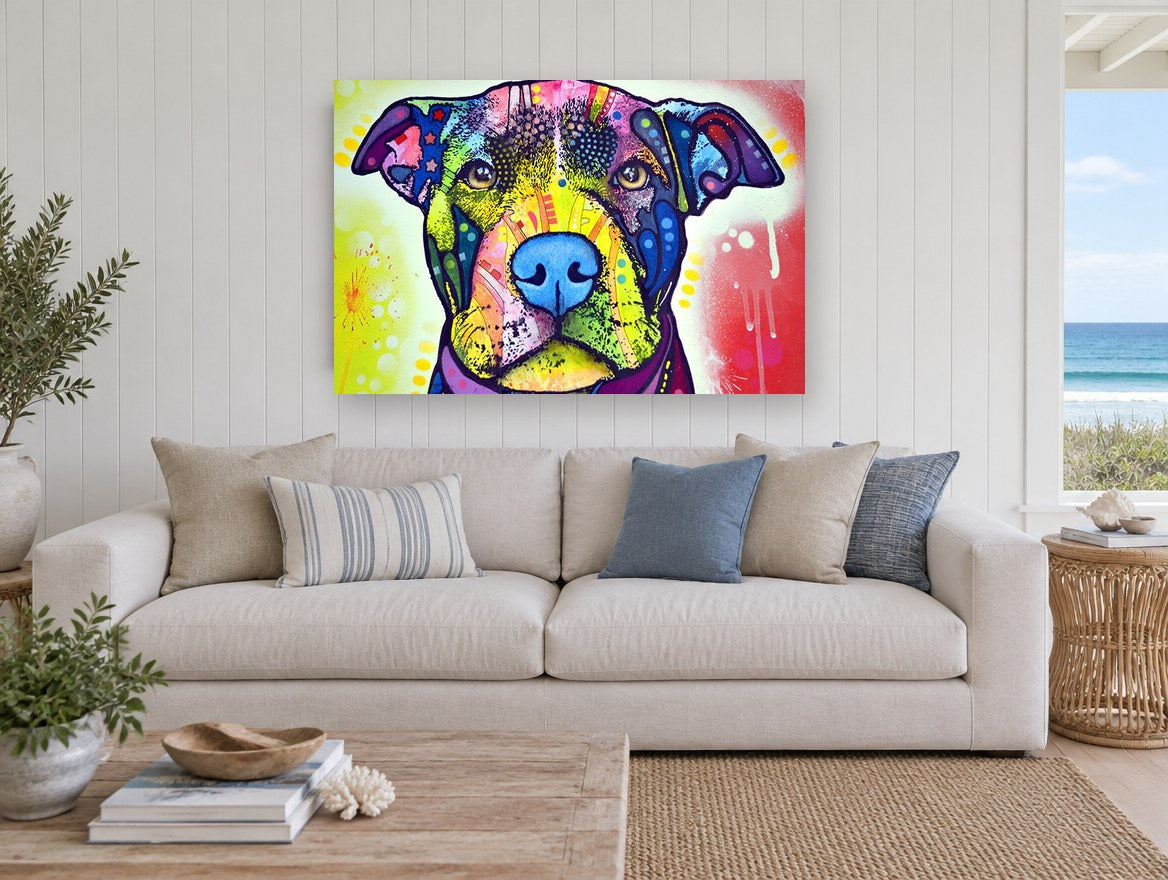 Rainbow Pit Bull Portrait animal canvas print on the wall of a beach house living room