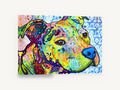 Bright Patchwork Pit Bull, colourful pop art pit bull portrait, animal canvas wall art print ready to hang