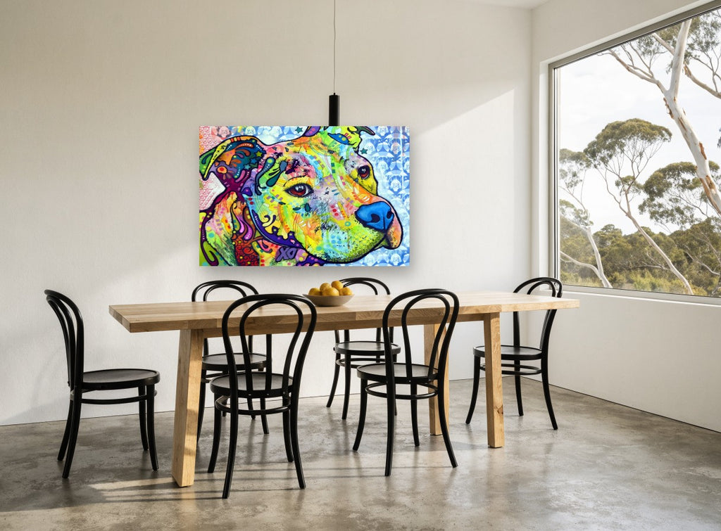 Bright Patchwork Pit Bull animal canvas print on the wall of a dining room