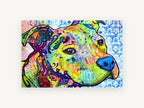 Bright Patchwork Pit Bull, colourful pop art pit bull portrait, animal canvas wall art print, front view