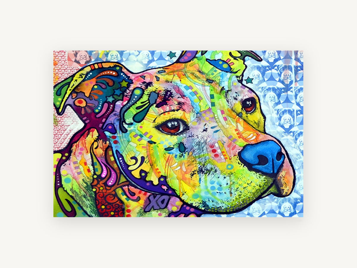 Bright Patchwork Pit Bull, colourful pop art pit bull portrait, animal canvas wall art print, front view