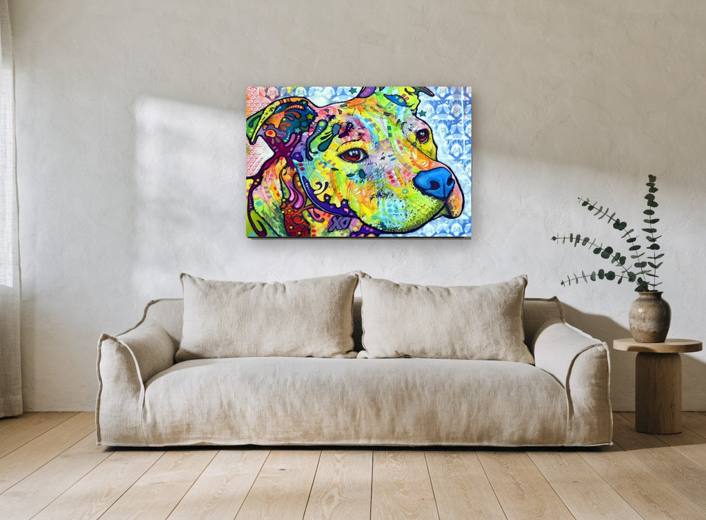 Bright Patchwork Pit Bull animal canvas print on the wall of a living room