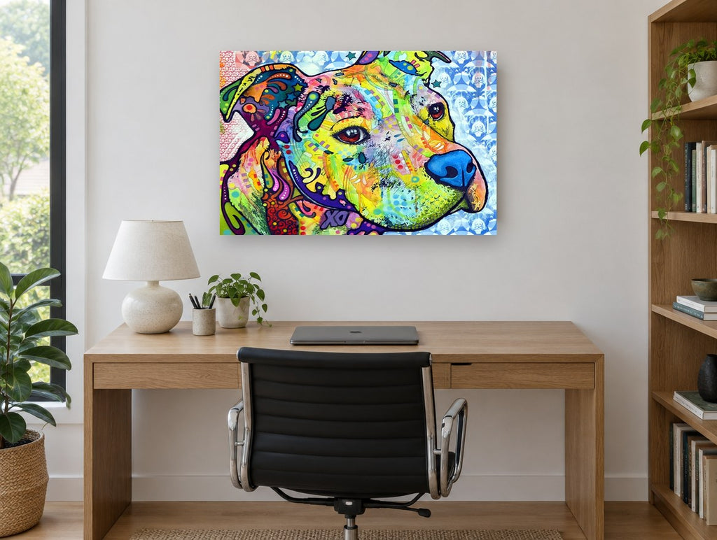 Bright Patchwork Pit Bull animal canvas print on the wall of a study