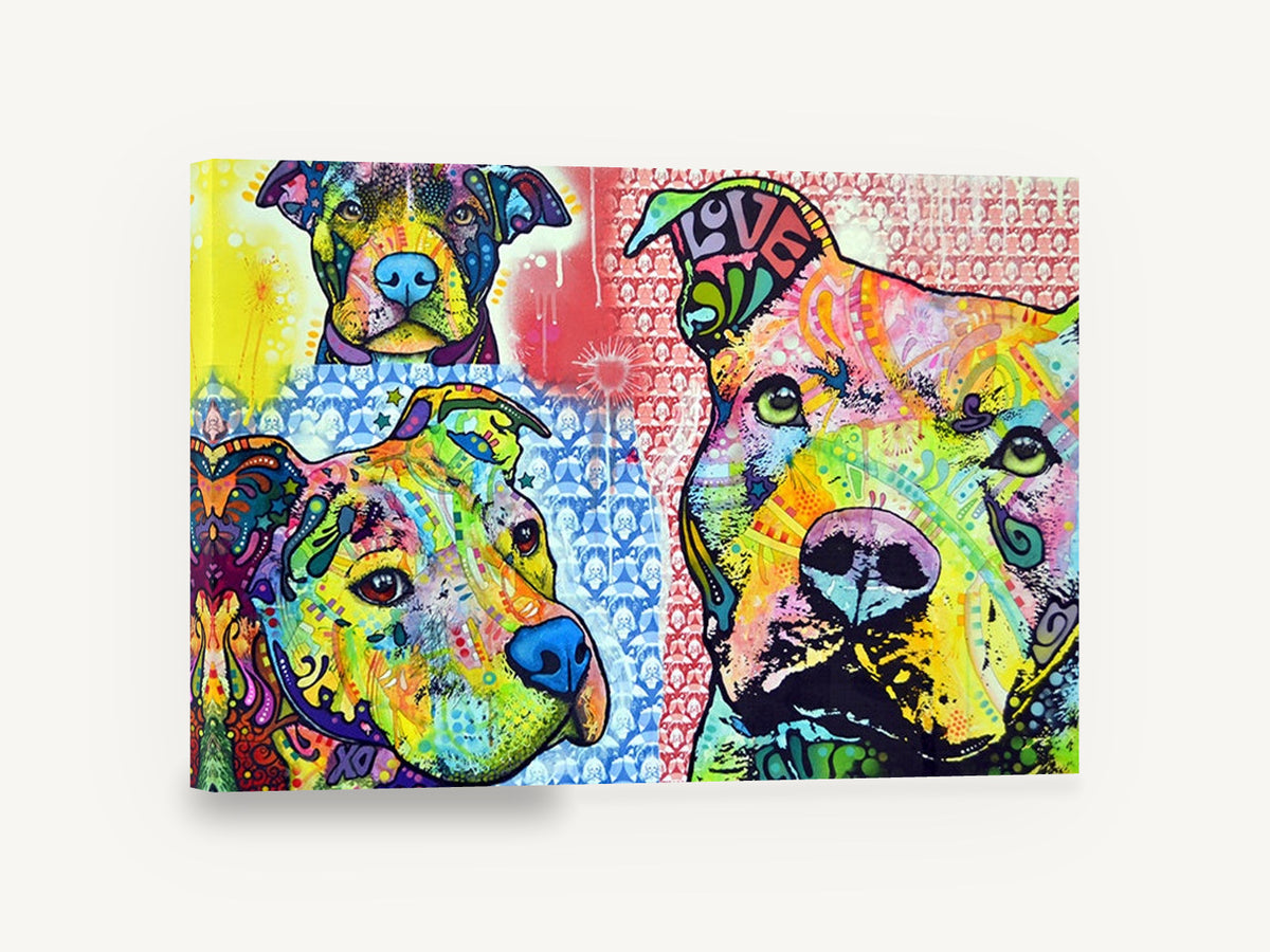 Three Pit Bulls Pop, colourful pit bull pop art, animal canvas wall art print ready to hang
