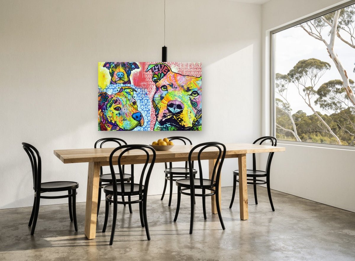 Three Pit Bulls Pop animal canvas print on the wall of a dining room