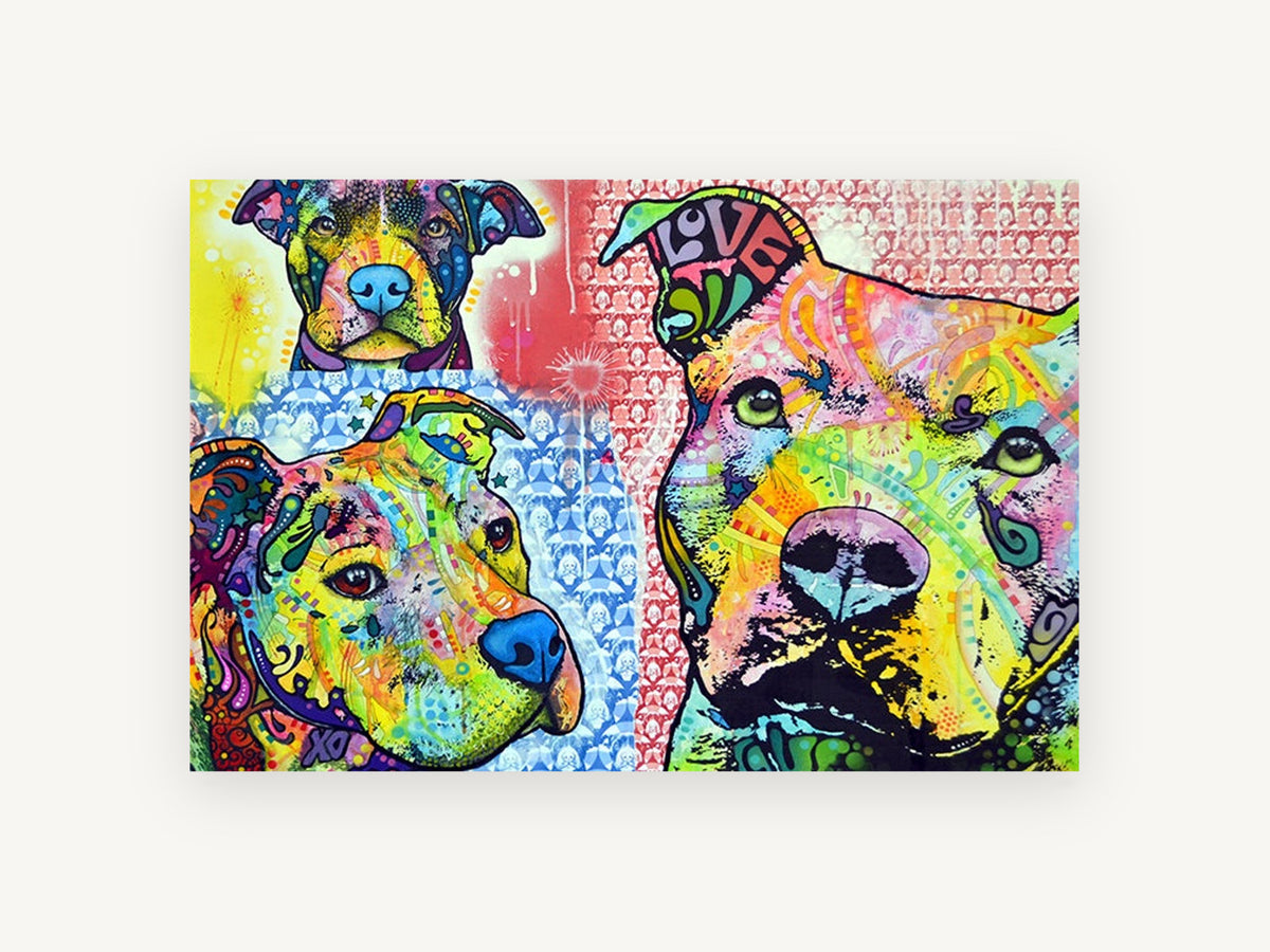 Three Pit Bulls Pop, colourful pit bull pop art, animal canvas wall art print, front view