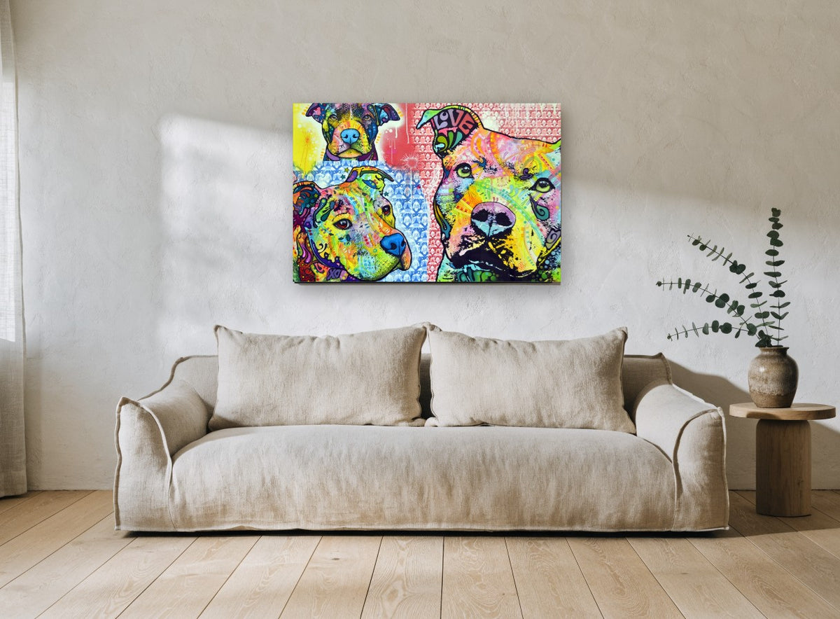Three Pit Bulls Pop animal canvas print on the wall of a living room