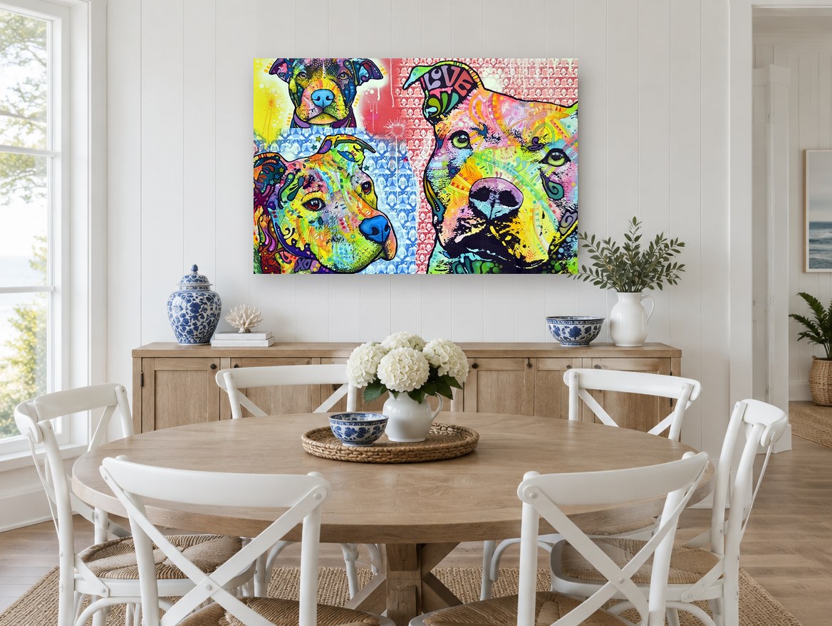 Three Pit Bulls Pop animal canvas print on the wall of a Hamptons dining room