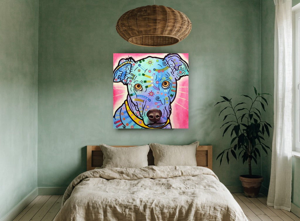 Blue Pop Pup animal canvas print on the wall of a bedroom