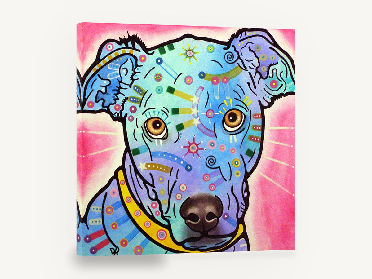 Blue Pop Pup, colourful pop art dog portrait, animal canvas wall art print ready to hang